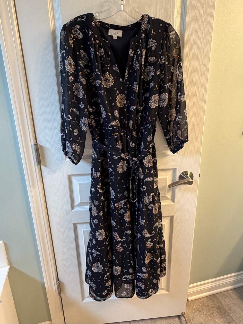 LOFT Navy Paisley Midi Dress with Tie Waist